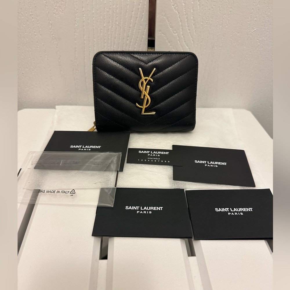 Yves Saint Laurent Black Quilted Leather Wallet with Gold YSL Logo